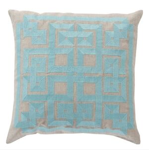 Set Of Two Greek Key Print Pillows 21x21" Aqua Linen Zip Closure Made in India